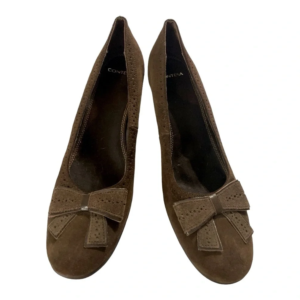 Contesa Brown Suede Bow Wedge Pumps Size 8 Comfort Heels